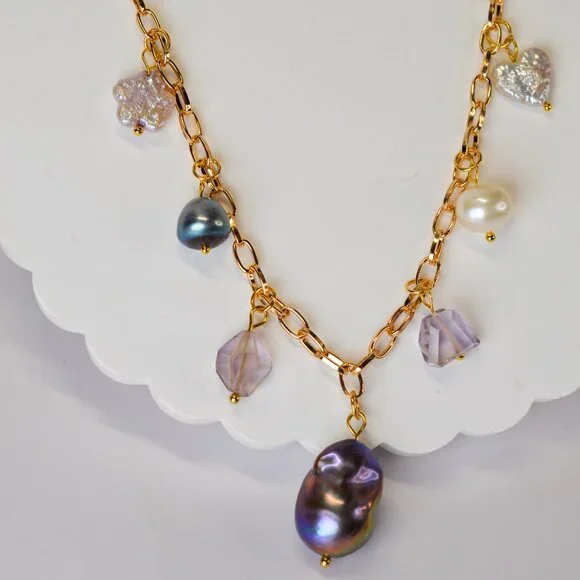 Pearl & Ametrine Charm Necklace - 16.5" to 18.5" - Picture 3 of 8